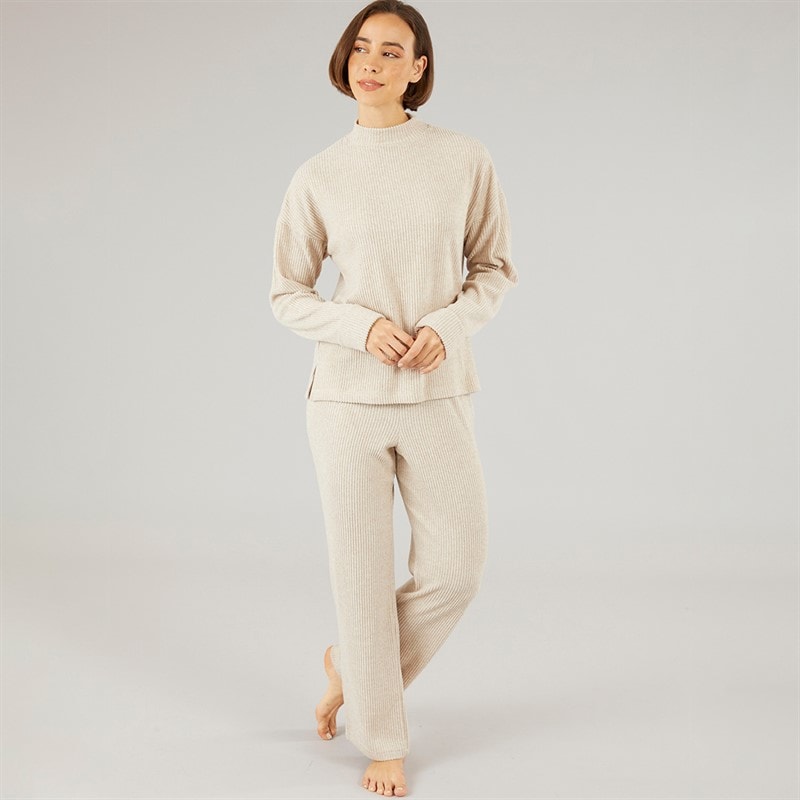 Onfire Womens Rib Top And Wide Leg Trousers Lounge Set Oatmeal - Image 4