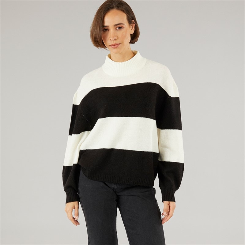 Onfire Womens Striped Crew Neck Sweatshirt Ecru/Black - Image 3