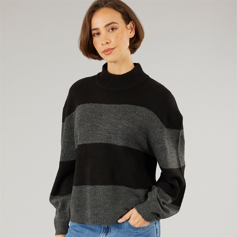 Onfire Womens Striped Crew Neck Sweatshirt Black/Charcoal - Image 3