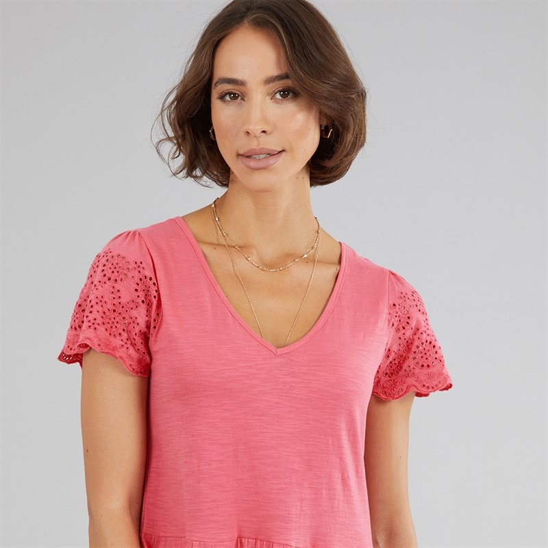 Onfire Womens Midi Broderie Sleeve Dress Hot Pink - Image 3