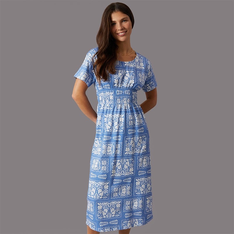 Onfire Womens Smocked Waist Midi Dress Blue Print - Image 1