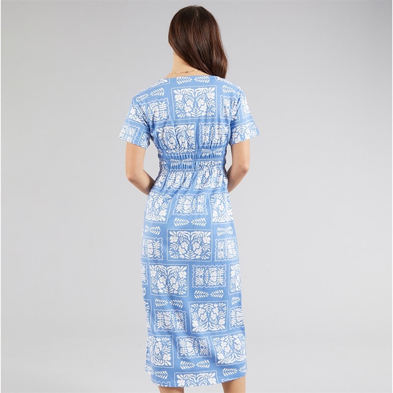 Onfire Womens Smocked Waist Midi Dress Blue Print - Image 2