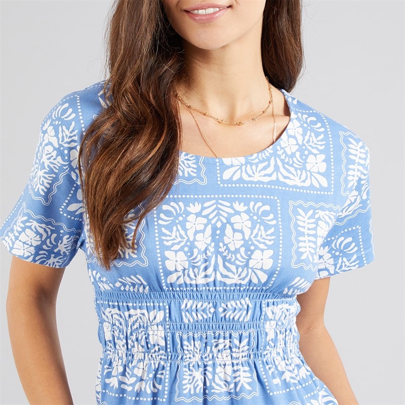 Onfire Womens Smocked Waist Midi Dress Blue Print - Image 3