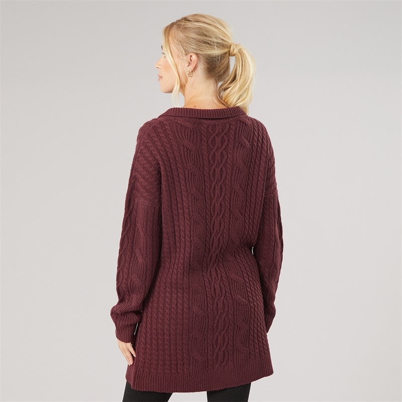 Onfire Womens Cable Knit Longline Jumper Burgundy - Image 2
