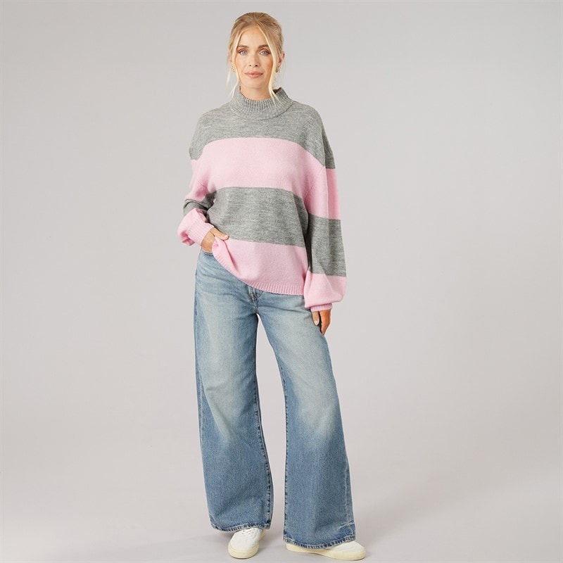 Onfire Womens Striped Crew Neck Sweatshirt Grey Melange/Pink - Image 3