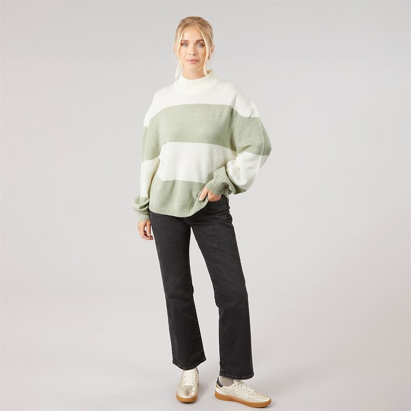 Onfire Womens Striped Crew Neck Sweatshirt Ecru/Sage - Image 3