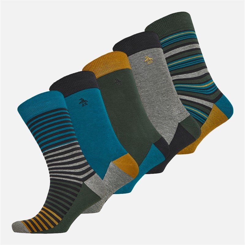Original Penguin Mens Five Pack Ankle Socks Plain/Stripe/Teal/Khaki/Grey - Image 1
