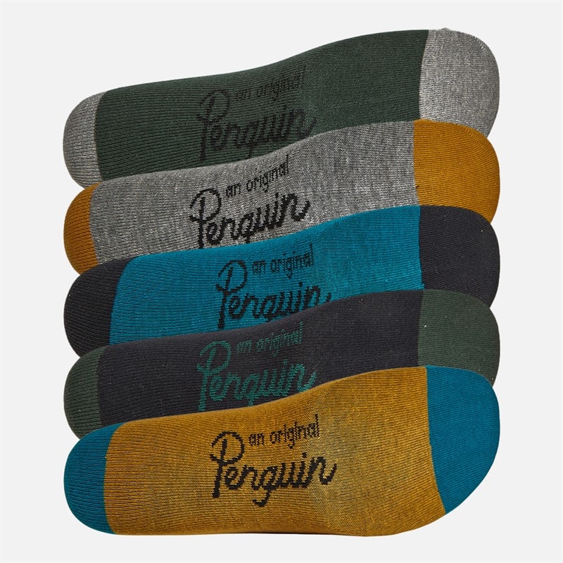 Original Penguin Mens Five Pack Ankle Socks Plain/Stripe/Teal/Khaki/Grey - Image 2
