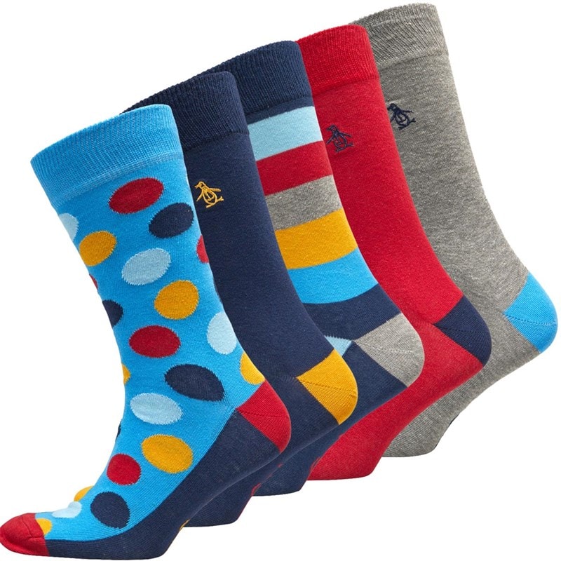 Original Penguin Mens Five Pack Spots Stripe Socks Navy/Grey/Red Multi - Image 1