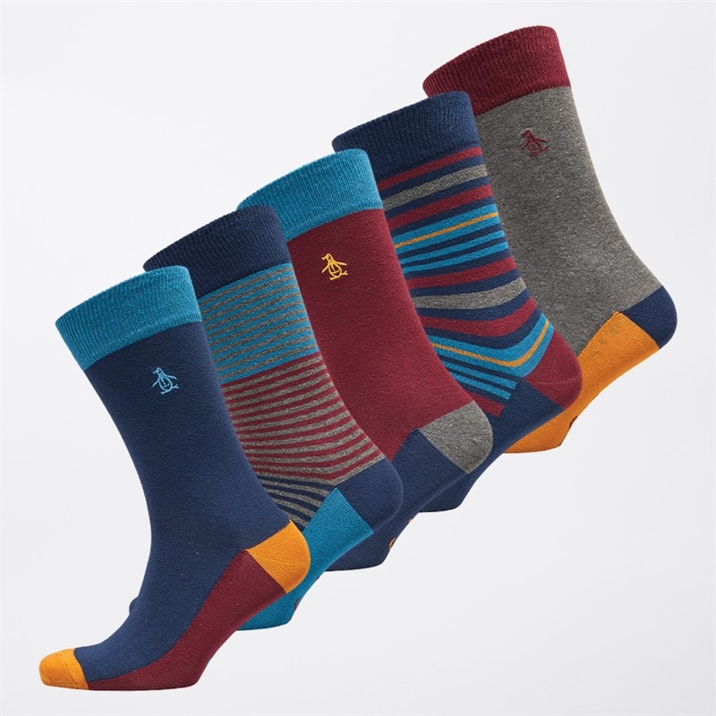 Original Penguin Mens Five Pack Stripe Socks Navy/Burgundy/Blue Multi