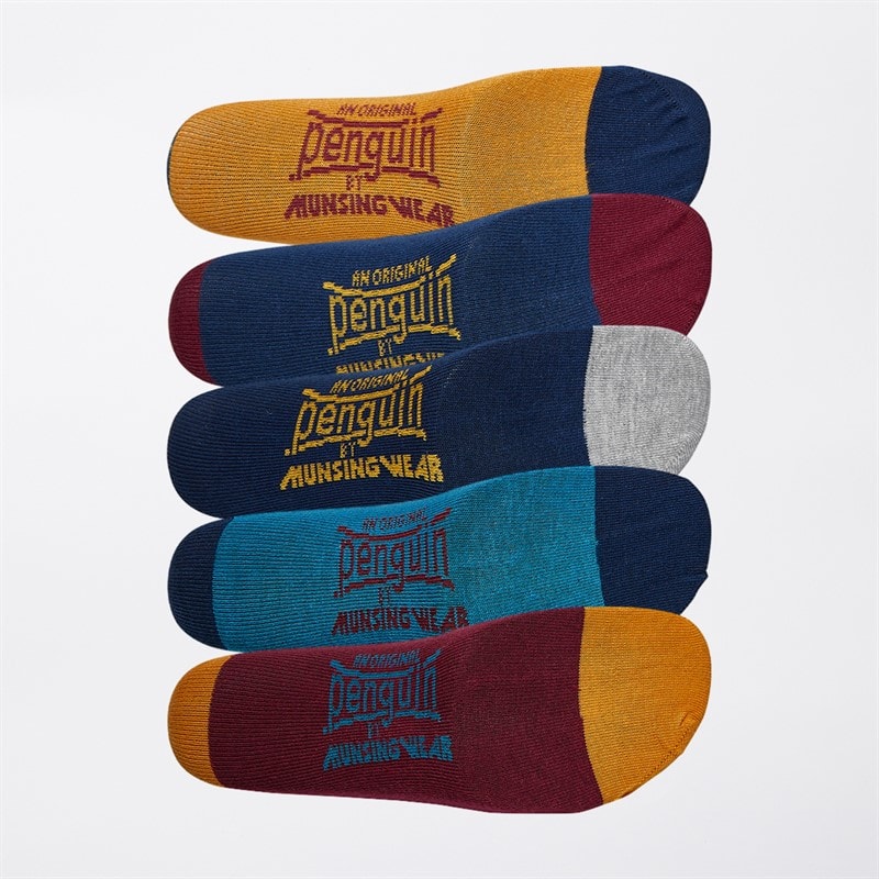 Original Penguin Mens Five Pack Stripe Socks Navy/Burgundy/Blue Multi - Image 2