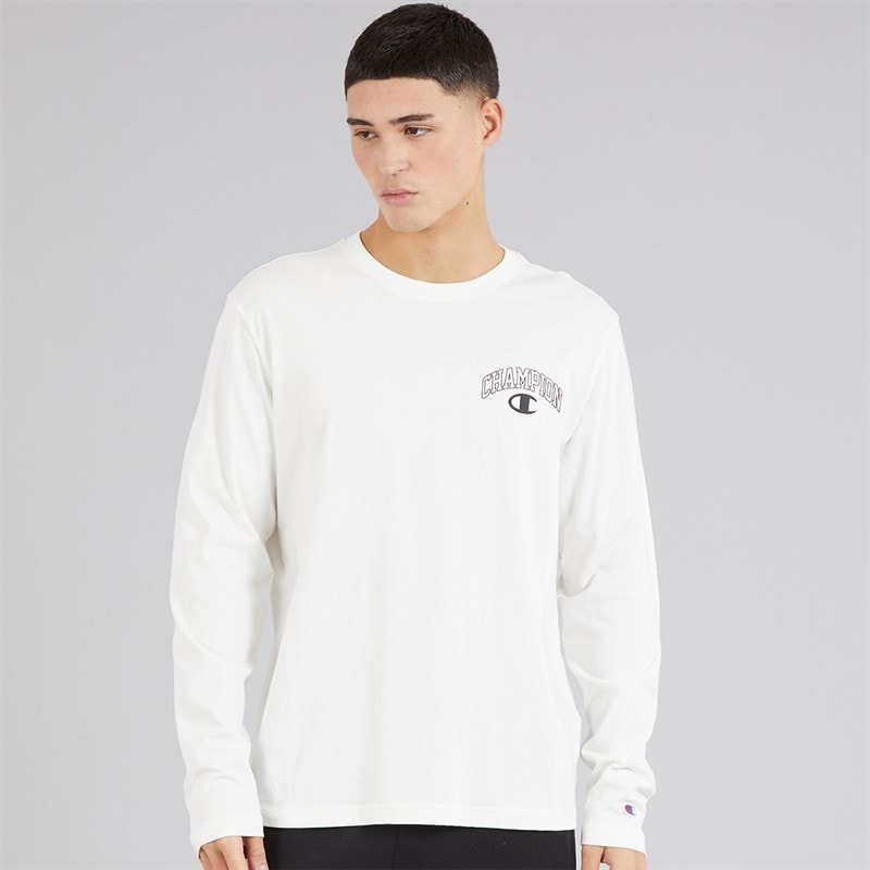 Champion Mens State Of Play Varsity Logo Long Sleeve T-Shirt White - Image 3