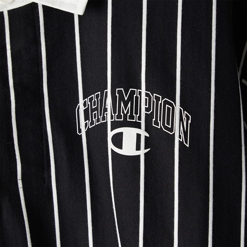 Champion Mens State Of Play Varsity Logo Striped Long Sleeve Polo Shirt Black/White - Image 3