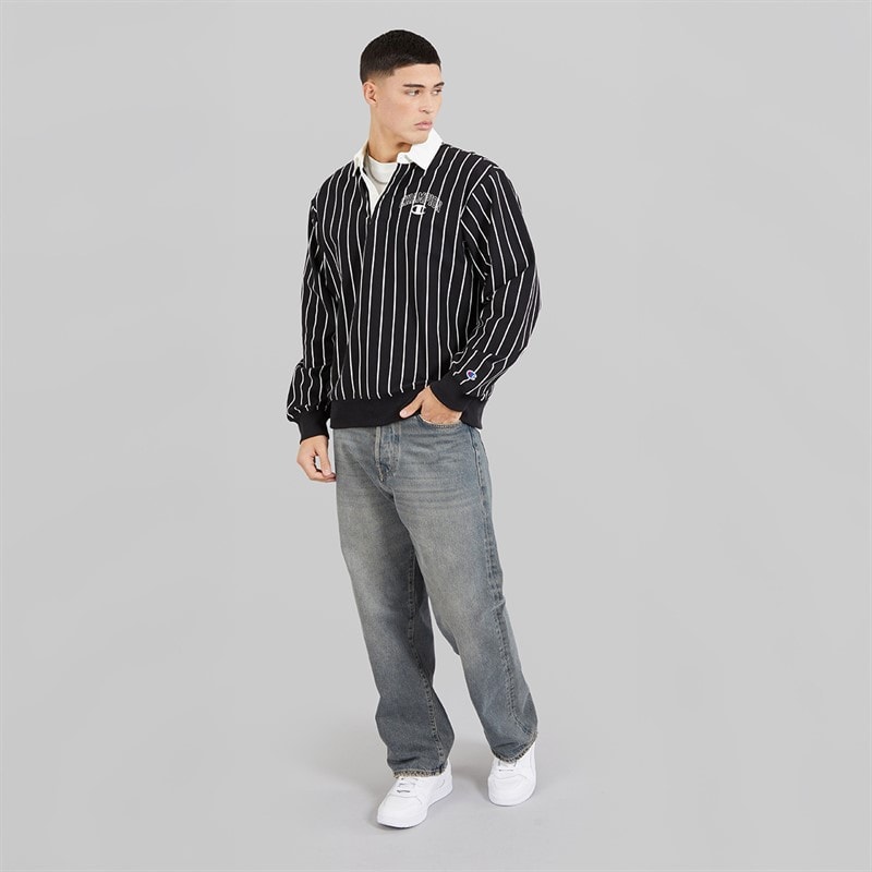 Champion Mens State Of Play Varsity Logo Striped Long Sleeve Polo Shirt Black/White - Image 4