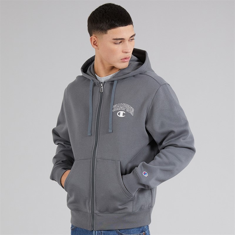 Champion Mens State Of Play Varsity Logo Full Zip Hoodie Grey - Image 3