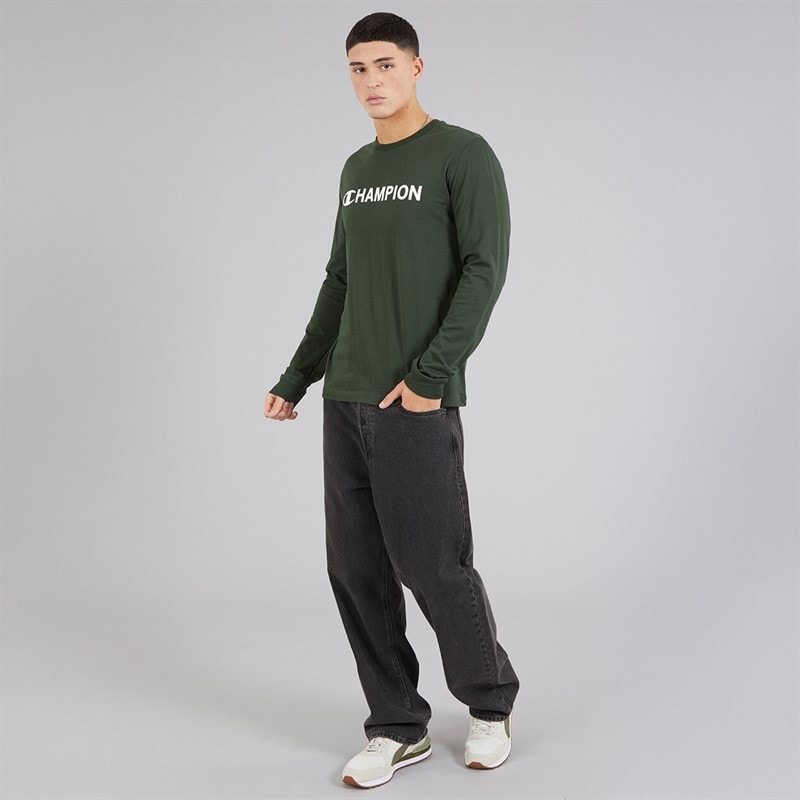 Champion Mens Graphic Shop Logo Long Sleeve T-Shirt Military Green - Image 4