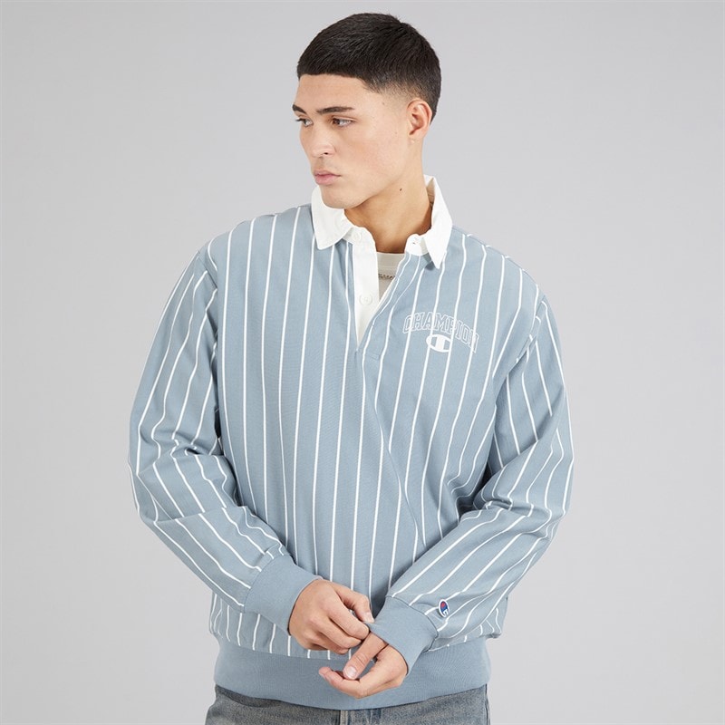 Champion Mens State Of Play Varsity Logo Striped Long Sleeve Polo Shirt Light Blue/White - Image 1