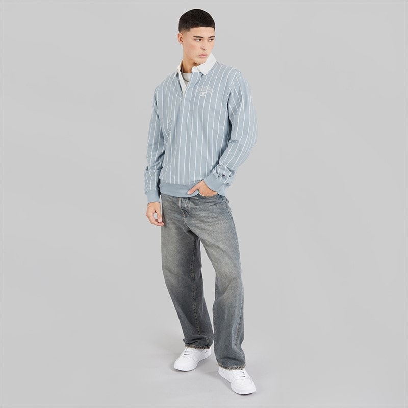 Champion Mens State Of Play Varsity Logo Striped Long Sleeve Polo Shirt Light Blue/White - Image 4