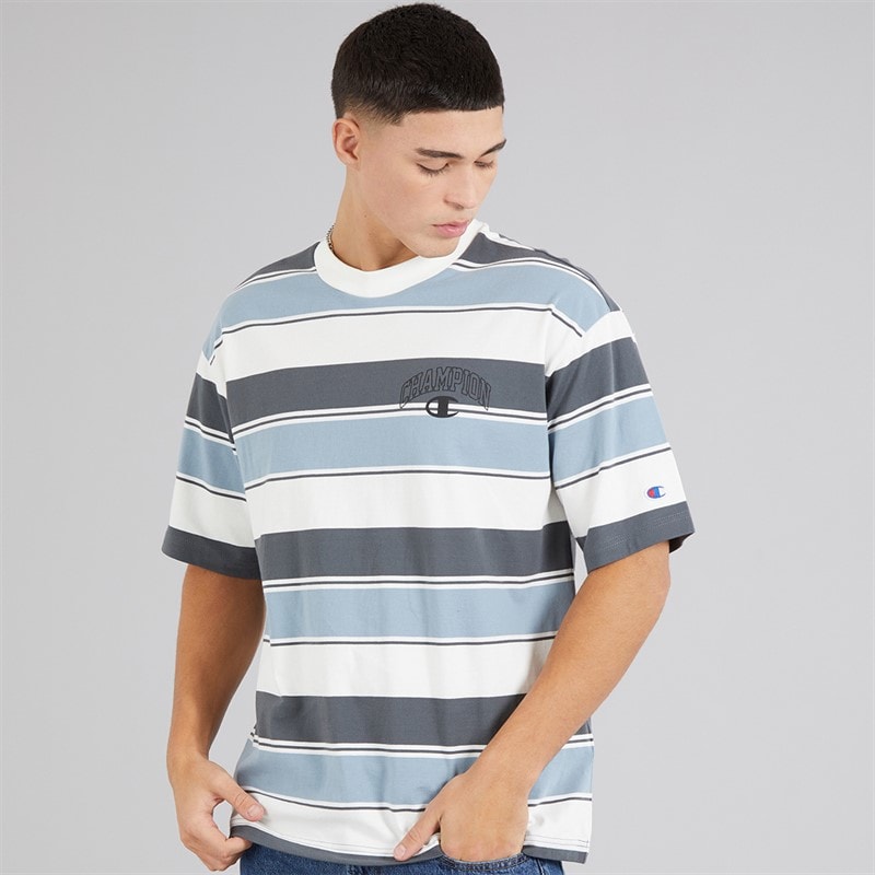 Champion Mens State Of Play Logo Striped T-Shirt White/Grey/Light Blue - Image 1