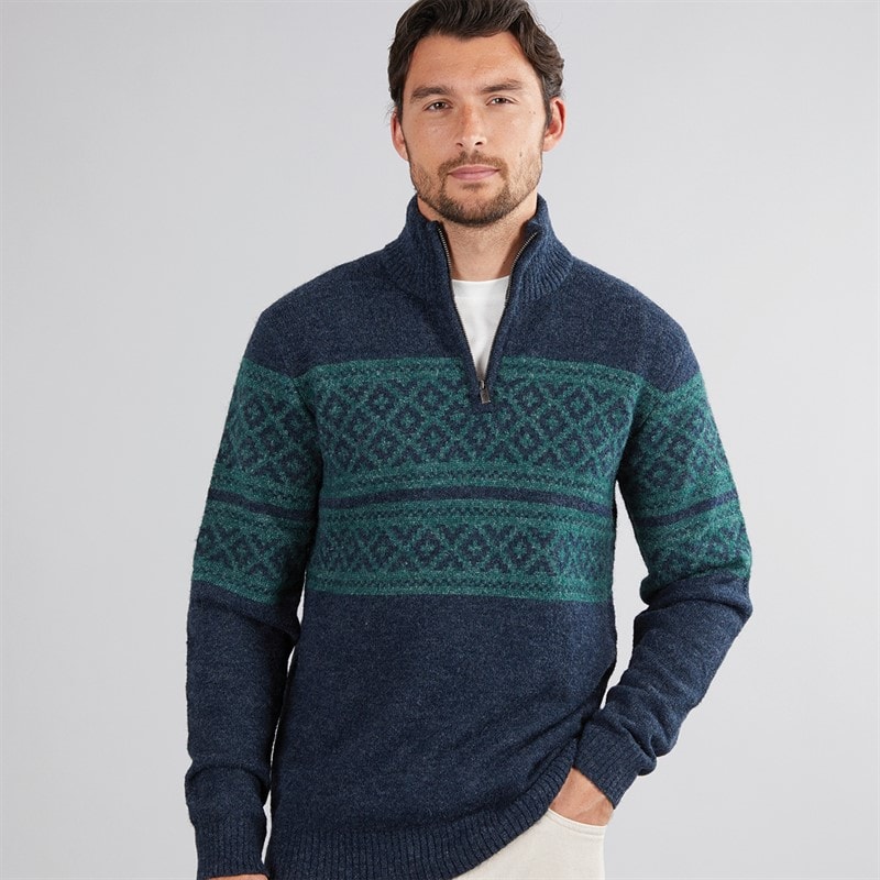 Weird Fish Mens Lawrence Eco 1/4 Zip Fair Isle Jumper Navy