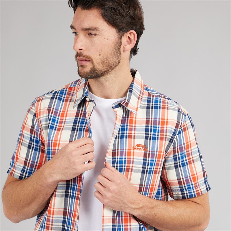 Weird Fish Mens Otis Short Sleeve Checked Shirt Mango/Light Cream - Image 3