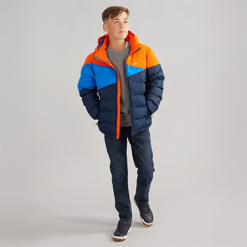 Trespass Junior Boys Layout Waterproof Padded Hooded Jacket Navy/Hot Orange/Blue - Image 4