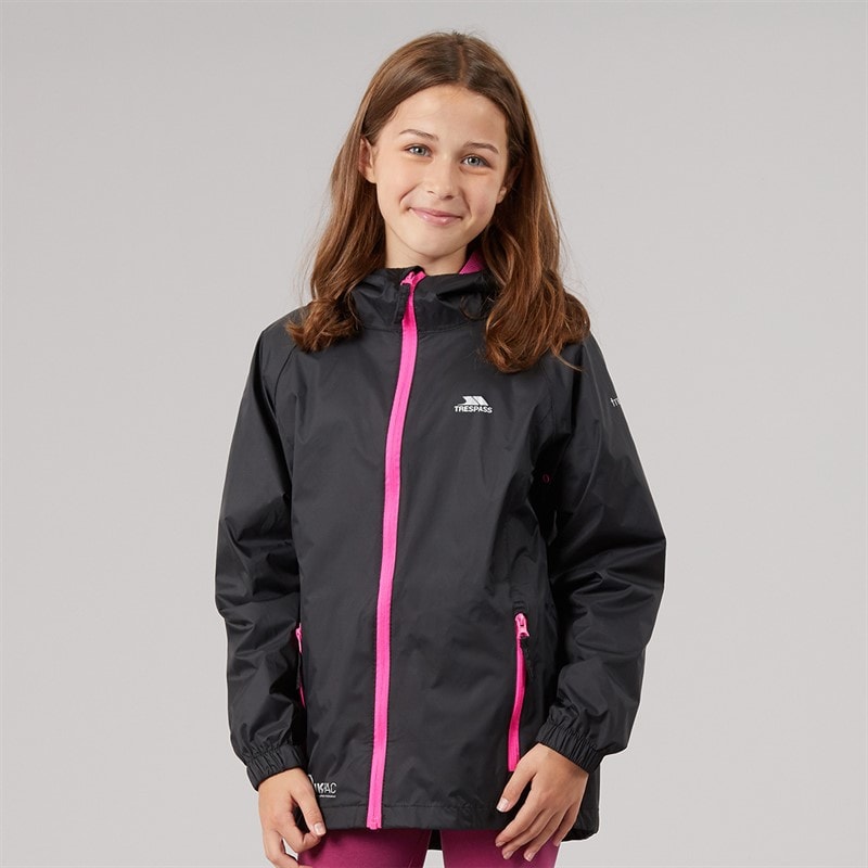 Trespass Girls Qikpac Waterproof Jacket Black/Pink - Image 3