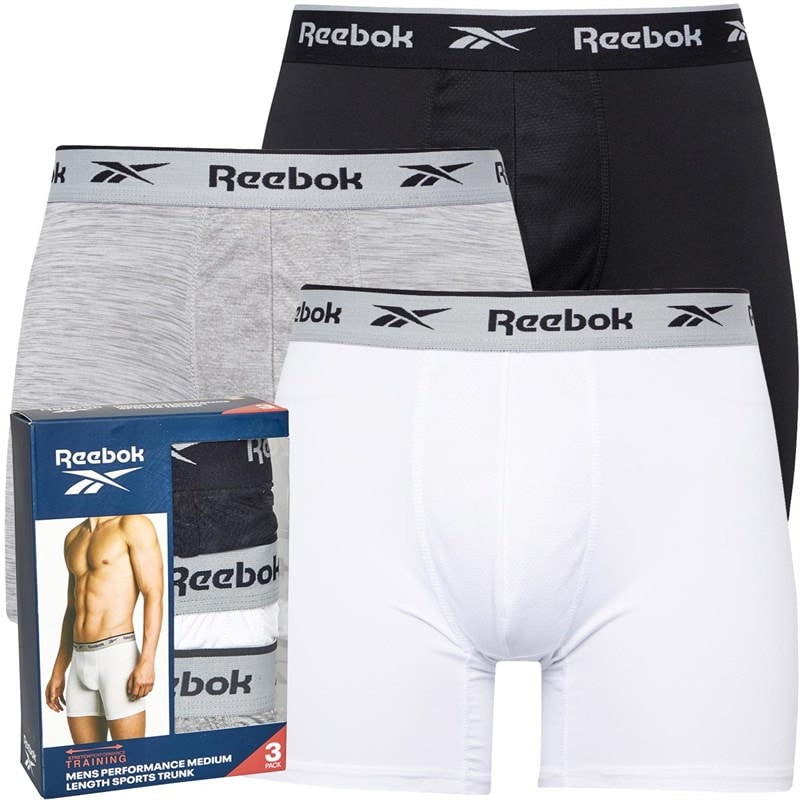 Reebok Mens Ainslie Performance Three Pack Medium Trunks Black/Grey Marl/White
