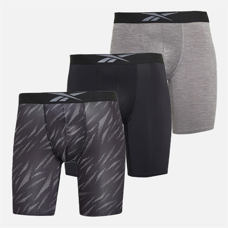 Reebok Mens Denver Three Pack Long Performance Trunks Grey Marl/Black Print/Black