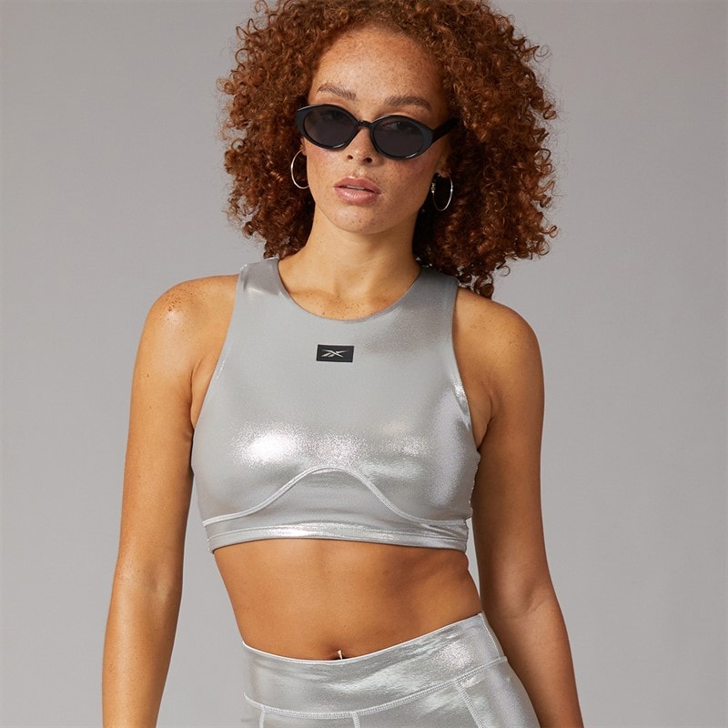 Reebok Womens X Angel Collection Lux Contour Light Support Crop Top Chrome Peyer Pantone