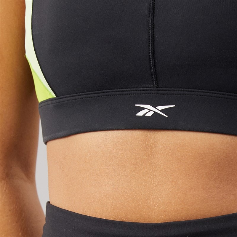 Reebok Womens Lux Colorblock Medium Support Sports Racer Bra Top Black/Acid Yellow - Image 3