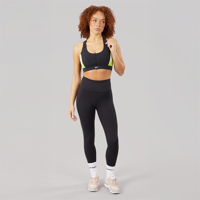 Reebok Womens Lux Colorblock Medium Support Sports Racer Bra Top Black/Acid Yellow - Image 4