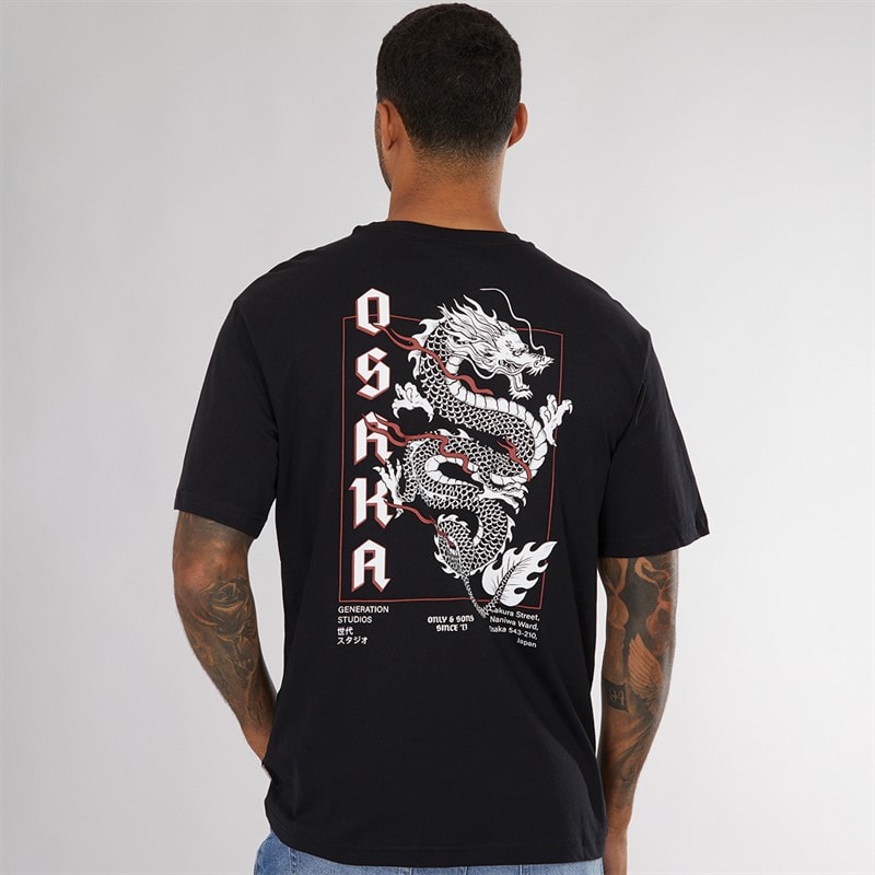 ONLY & SONS Mens Tristan Relaxed T-Shirt Black/Osaka Dragon - Image 3