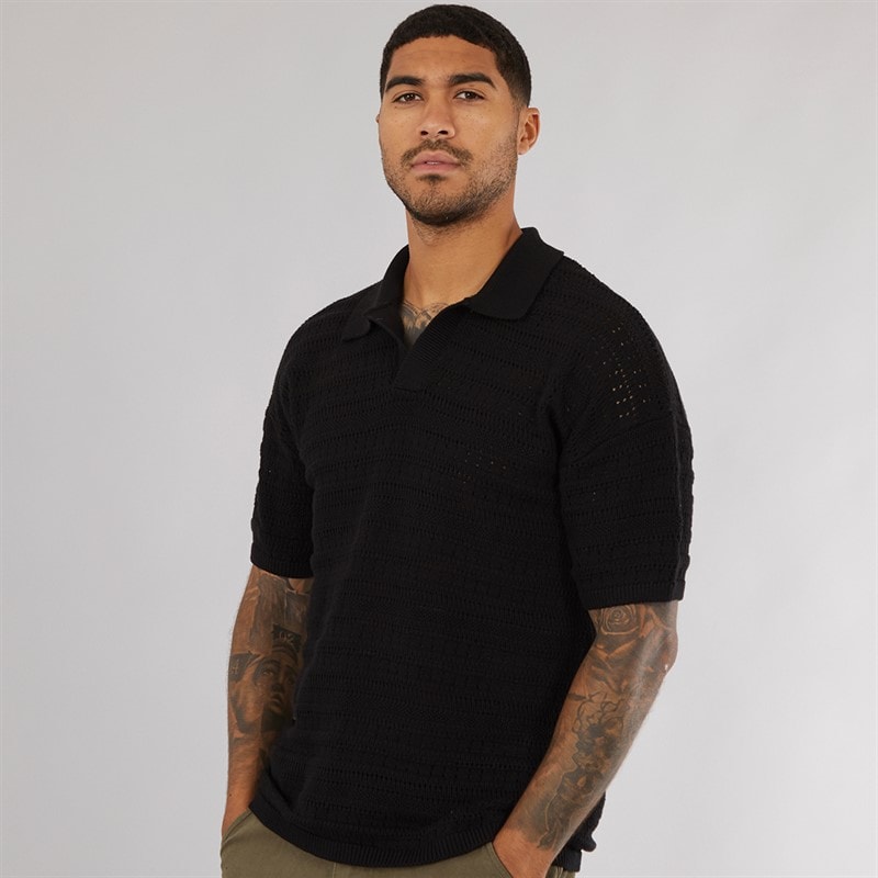 ONLY & SONS Mens Grayson Chochet Polo Shirt Black - Image 1