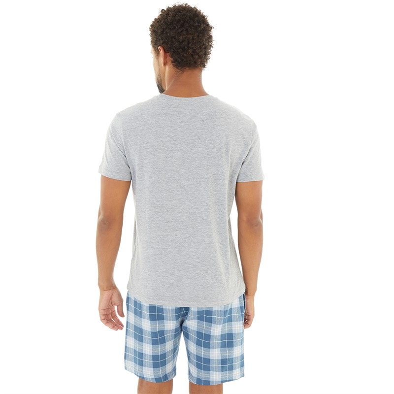 THREADBARE Mens Lopez T-Shirt And Shorts Pyjama Set Grey Marl/Light Blue Check - Image 2