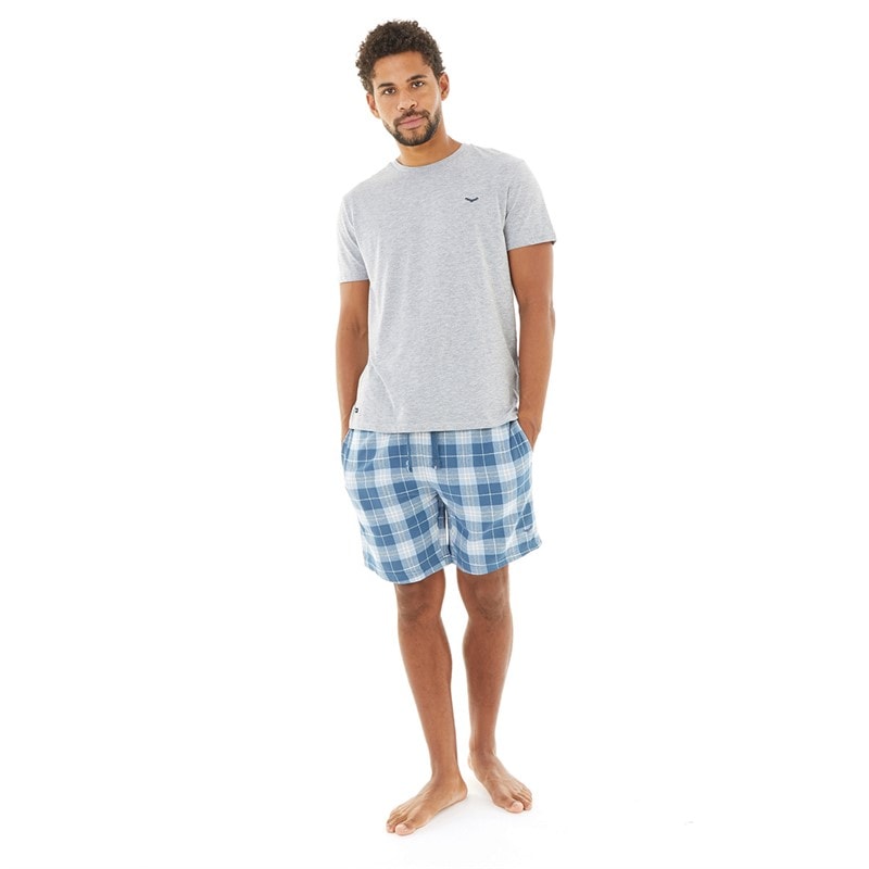 THREADBARE Mens Lopez T-Shirt And Shorts Pyjama Set Grey Marl/Light Blue Check - Image 4