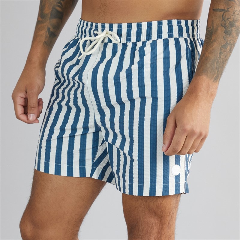 THREADBARE Mens Printed Charger Seersucker Swim Shorts Vintage Blue - Image 1
