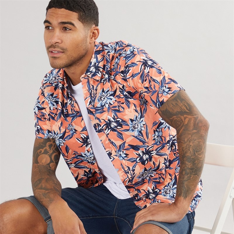 THREADBARE Mens Latham Short Sleeve Shirt Peach - Image 1