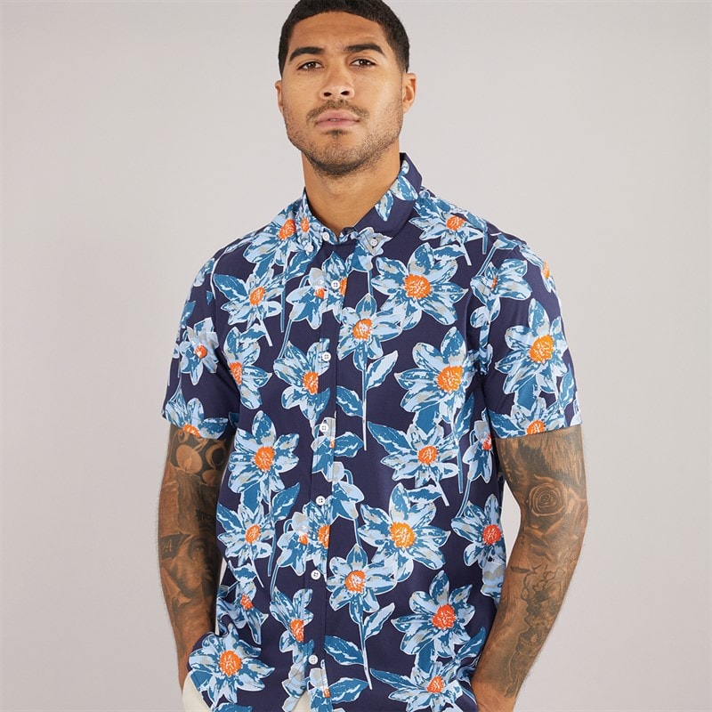 THREADBARE Mens Bell Short Sleeve Shirt Navy - Image 1