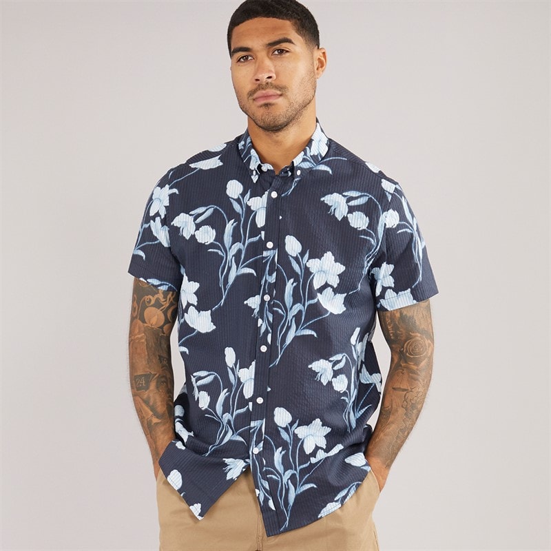 THREADBARE Mens Stone Short Sleeve Shirt Navy