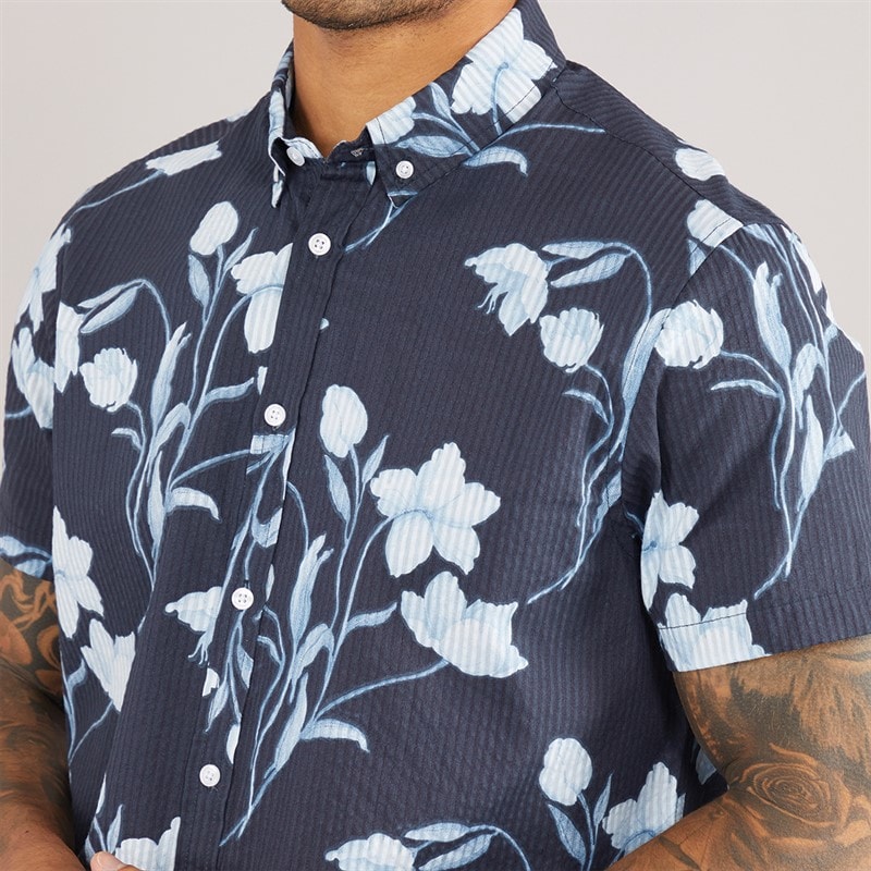 THREADBARE Mens Stone Short Sleeve Shirt Navy - Image 3