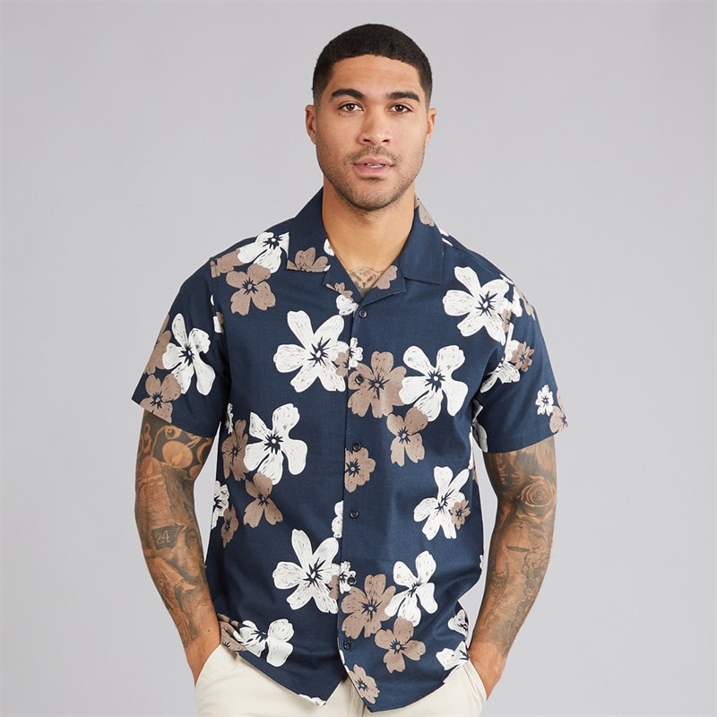 THREADBARE Mens Terrace Short Sleeve Shirt Navy - Image 1