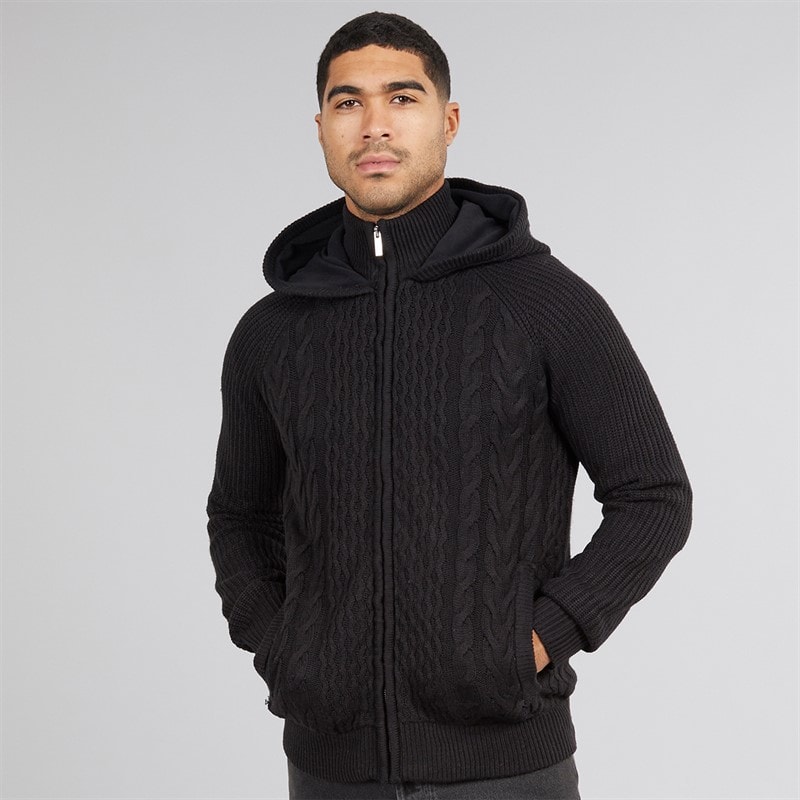 THREADBARE Mens Hanner Full Zip Microfleece Knitted Hoodie Black - Image 3