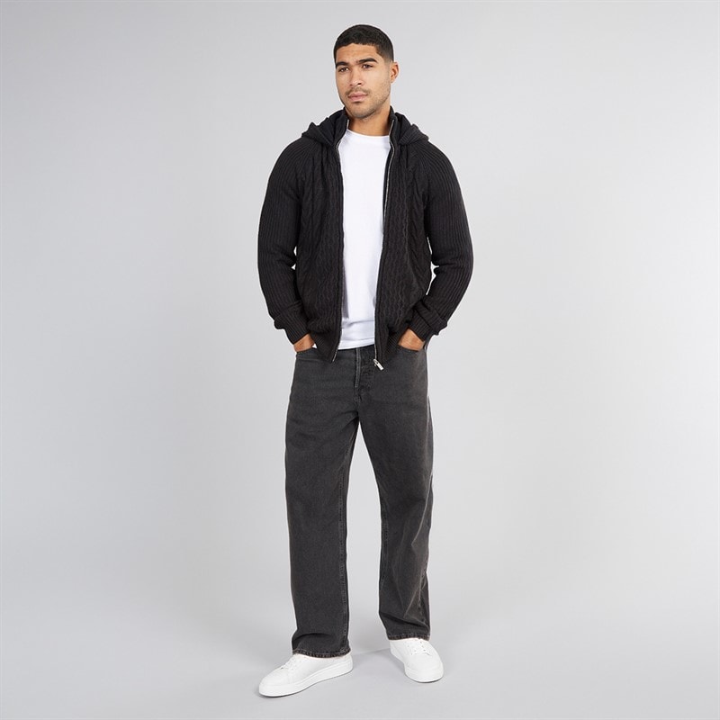 THREADBARE Mens Hanner Full Zip Microfleece Knitted Hoodie Black - Image 4