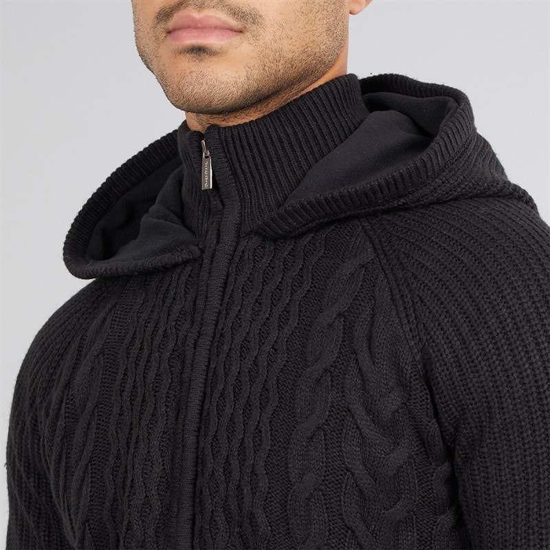 THREADBARE Mens Hanner Full Zip Microfleece Knitted Hoodie Black - Image 5