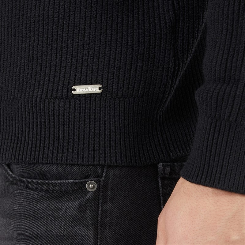 THREADBARE Mens Rib Knitted Crew Neck Jumper Black - Image 3
