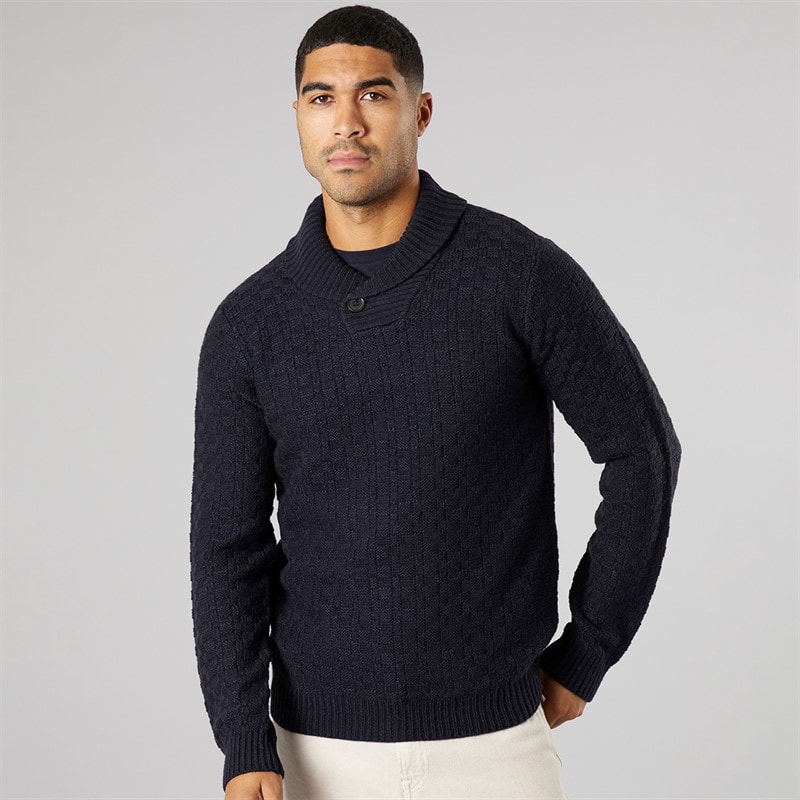 THREADBARE Mens Flax Knitted Shawl Neck Jumper Navy - Image 1