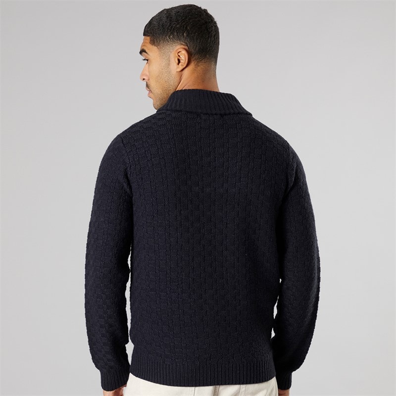 THREADBARE Mens Flax Knitted Shawl Neck Jumper Navy - Image 2