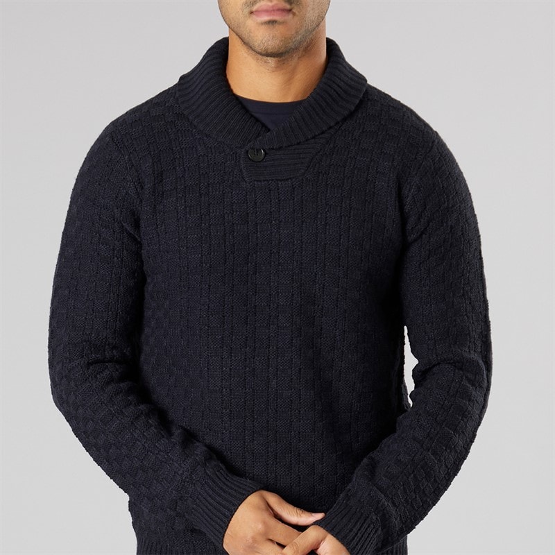 THREADBARE Mens Flax Knitted Shawl Neck Jumper Navy - Image 3