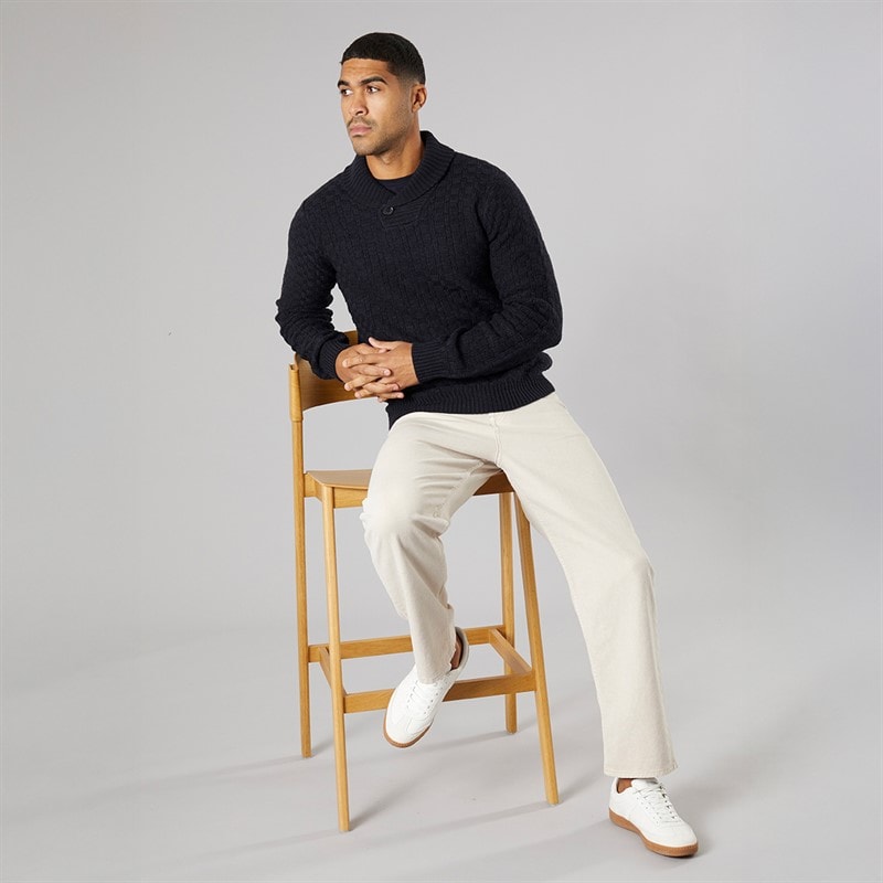THREADBARE Mens Flax Knitted Shawl Neck Jumper Navy - Image 4